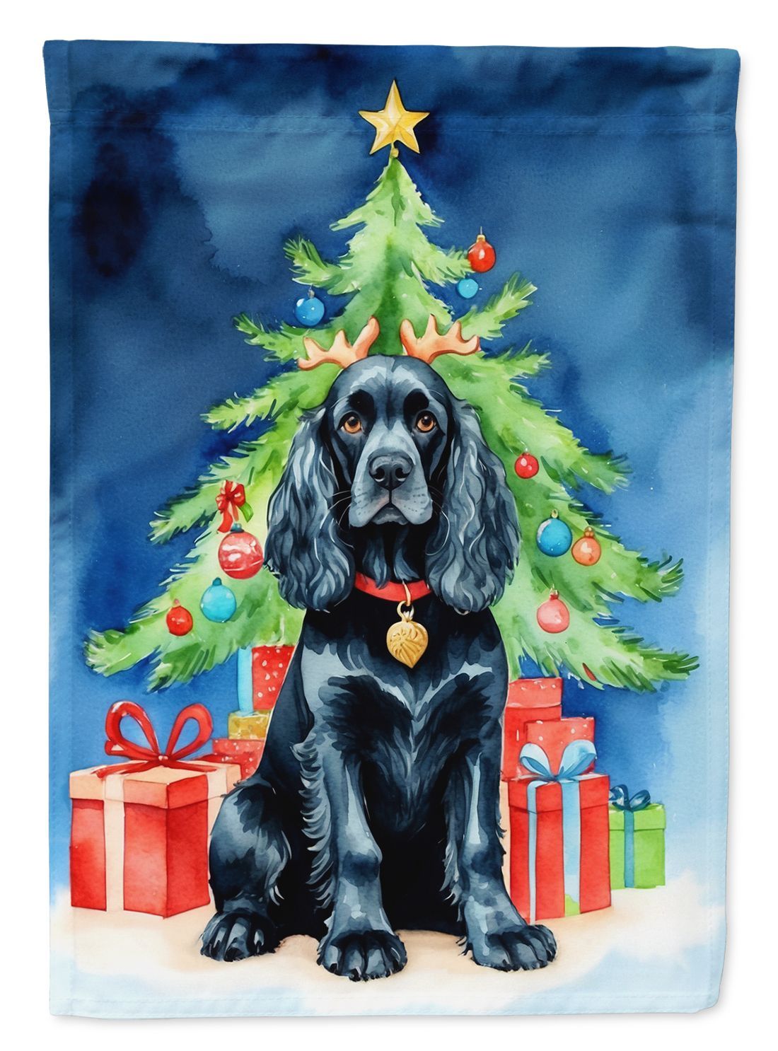 Black Cocker Spaniel Christmas Reindeer House Flag Large Porch Sleeve Pole Decorative Outside Yard Banner Artwork Wall Hanging, Polyester, House Size, Multicolor_maomaolike.com