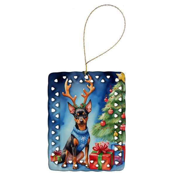 Miniature Pinscher Christmas Reindeer Porcelain Ornament Christmas Tree Hanging Decorations For Home Christmas Holiday, Rectangle, Gift, Multicolor_maomaolike.com