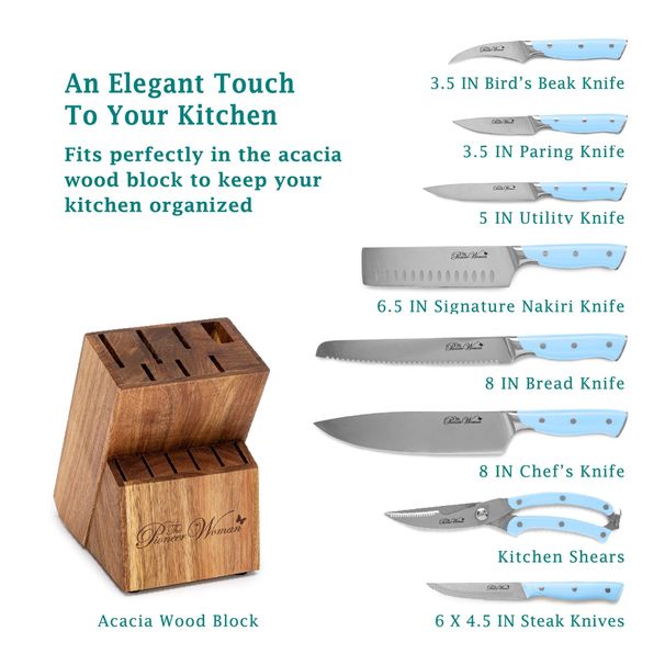 The Pioneer Woman Pioneer Signature 14-Piece Stainless Steel Knife Block Set, Periwinkle_maomaolike.com