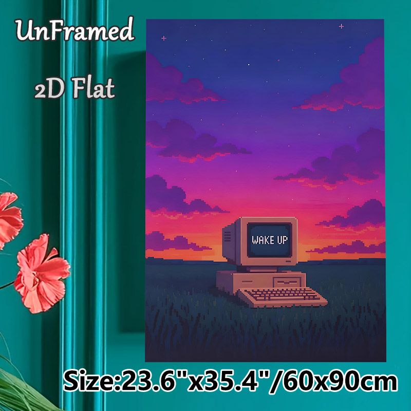 Retro Computer Pixel Art Painting Poster, Vibrant Sunset Sky Pixelated Nostalgic Scene Poster, Unique Nostalgic Vibe Ideal For Home Office, Bedroom_maomaolike.com
