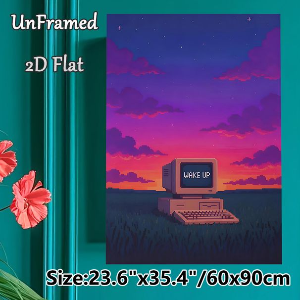 Retro Computer Pixel Art Painting Poster, Vibrant Sunset Sky Pixelated Nostalgic Scene Poster, Unique Nostalgic Vibe Ideal For Home Office, Bedroom_maomaolike.com