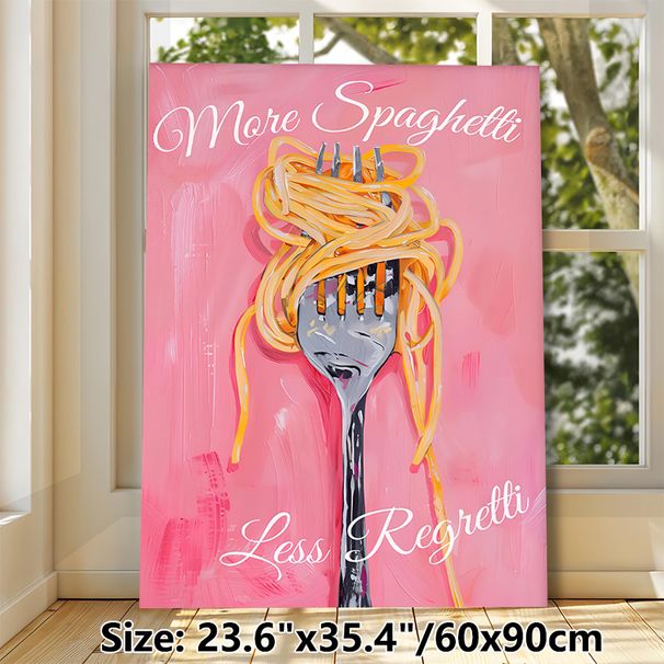 Spaghetti Fork Themed Painting Poster, Vibrant Brushstroke-style Whimsical Pasta-wrapped Fork Poster, Playful Food Decor With "More Spaghetti Less_maomaolike.com
