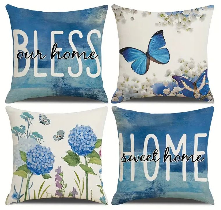 Blue Flower Butterfly Pattern Living Room Bedroom Sofa Decorative Pillow Case_maomaolike.com
