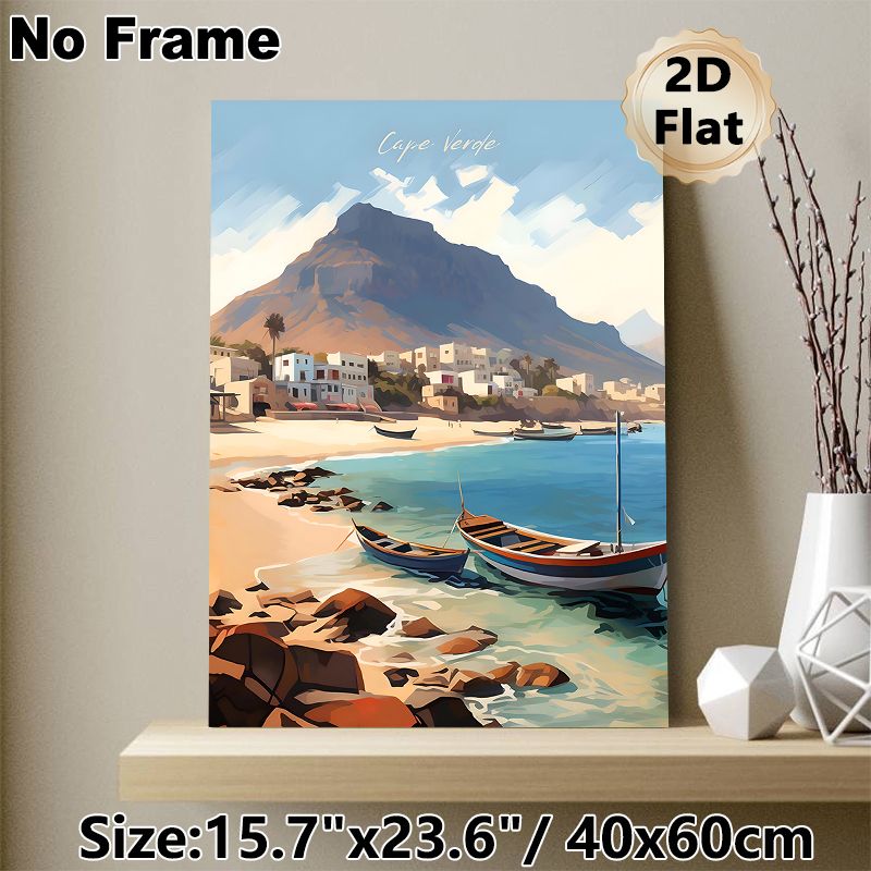 Cape Verde Coastal Village Painting Poster, Warm-toned Illustrative Seaside Scene Poster, Peaceful Coastal View With Fishing Boats And Mountain, Ideal_maomaolike.com