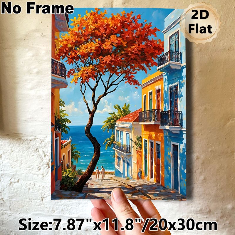 Coastal Town Painting Poster, Vibrant Impressionist-style Colorful Seaside Street With Autumn Tree & Ocean View Poster, Brings Warm Scenic Ambiance_maomaolike.com