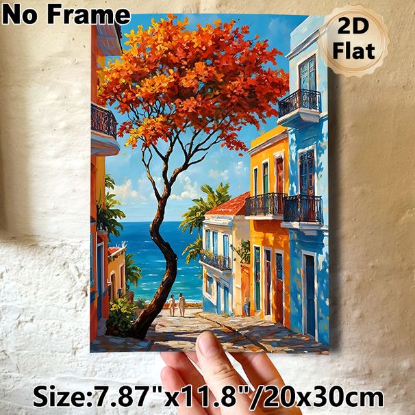 Coastal Town Painting Poster, Vibrant Impressionist-style Colorful Seaside Street With Autumn Tree & Ocean View Poster, Brings Warm Scenic Ambiance_maomaolike.com