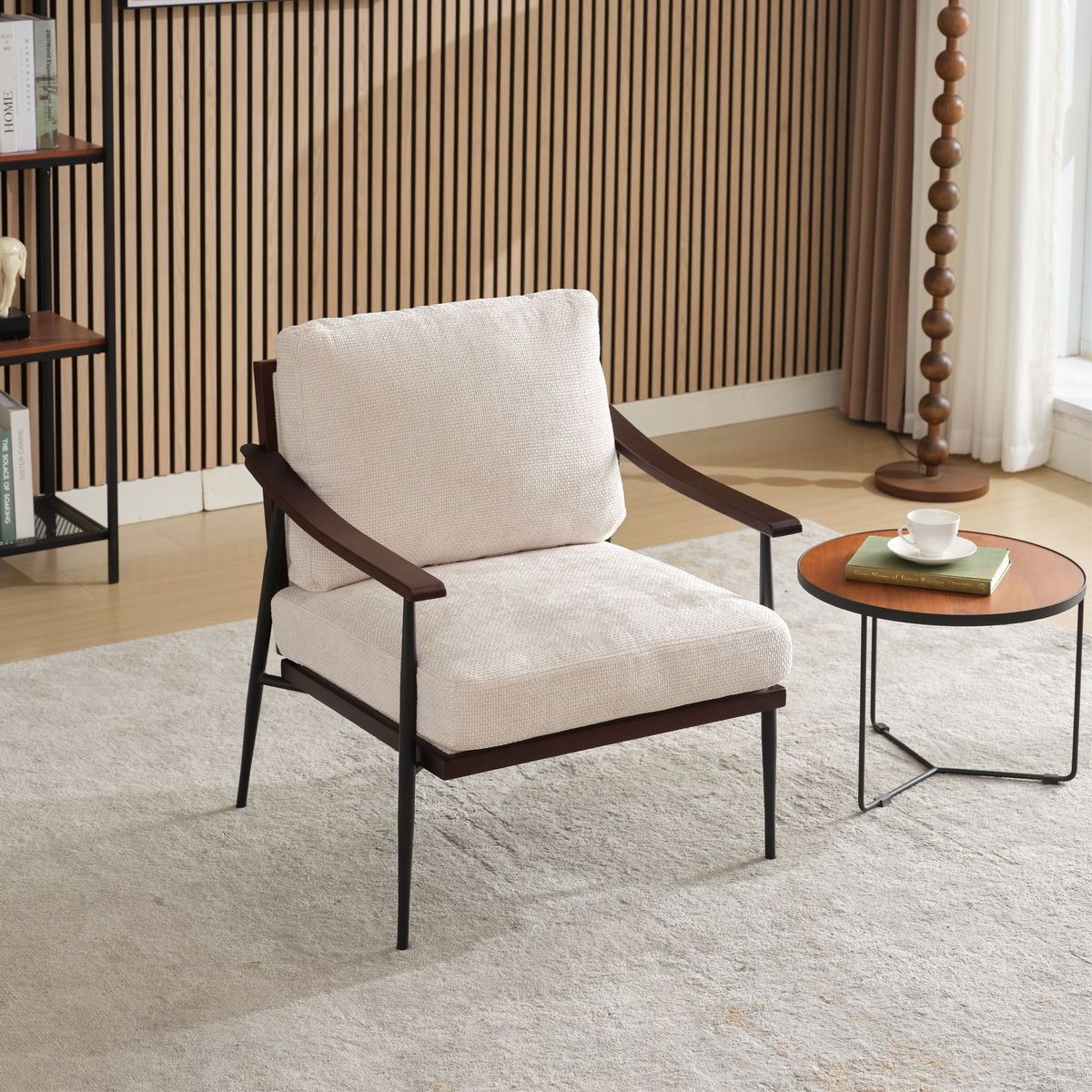 Modern Accent Chair, Mid Century Modern Accent Chairs, Linen Fabric Arm Chair With Wood Armrests, Upholstered Leisure Chair For Living Room, Bedroom, Reception Room, White_maomaolike.com