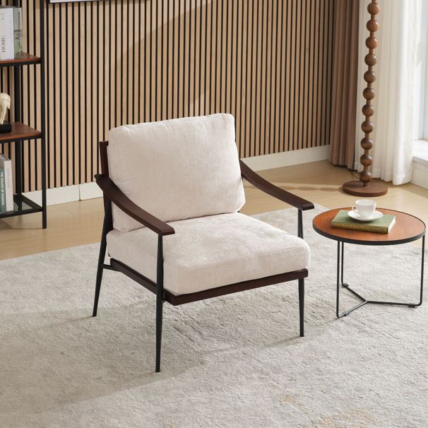 Modern Accent Chair, Mid Century Modern Accent Chairs, Linen Fabric Arm Chair With Wood Armrests, Upholstered Leisure Chair For Living Room, Bedroom, Reception Room, White_maomaolike.com