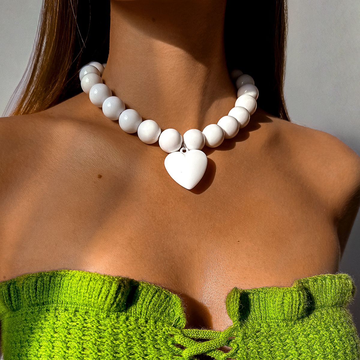 Tocona New Exaggerated Round Bead Heart Pendant Necklace For Women Handmade Adjustable Chain Choker Party Jewelry Gift_maomaolike.com