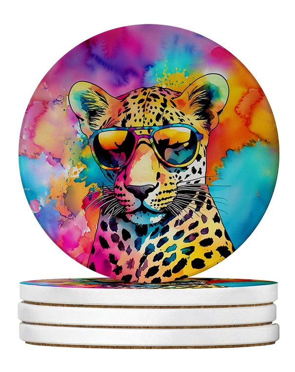 Hippie Animal Leopard Large Sandstone Coasters Pack Of 4 Absorbent Round Coasters Decor Gifts For Men Or Women, 4 In, Multicolor_maomaolike.com