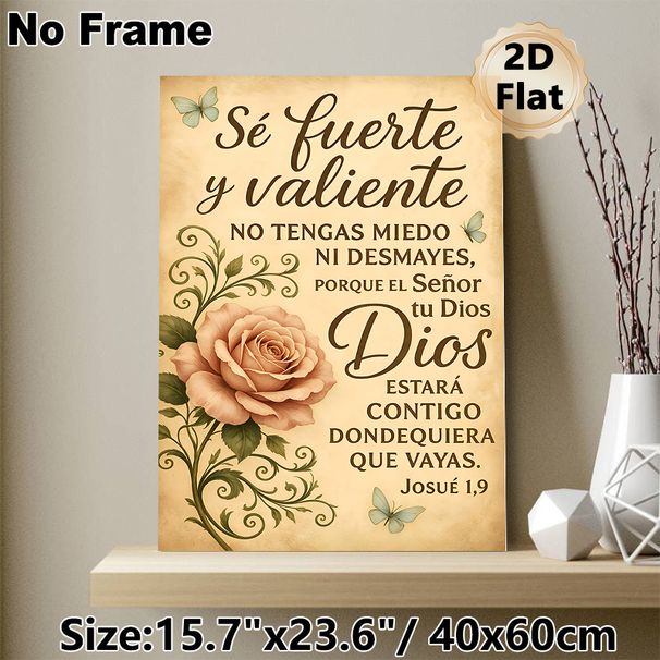 Spanish Religious Scripture Painting Poster, Vintage Rustic Style Poster, With Soft Pink Rose, Delicate Butterflies & Inspirational Verse, Ideal For_maomaolike.com