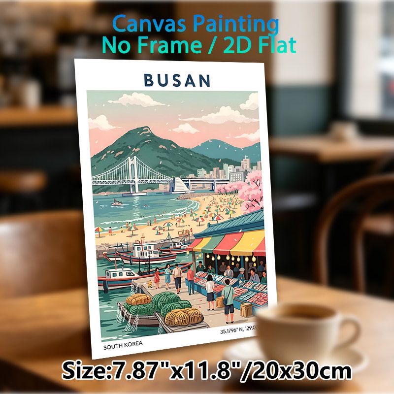 Busan Themed Painting Poster, Vibrant Retro Style Poster, Features Lively Harbor Market, Beach, Bridge & Cherry Blossom Scene, Ideal For Home, Living_maomaolike.com