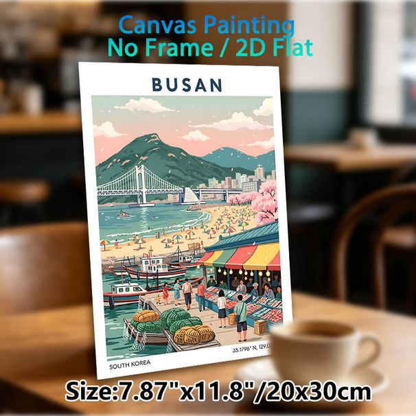 Busan Themed Painting Poster, Vibrant Retro Style Poster, Features Lively Harbor Market, Beach, Bridge & Cherry Blossom Scene, Ideal For Home, Living_maomaolike.com