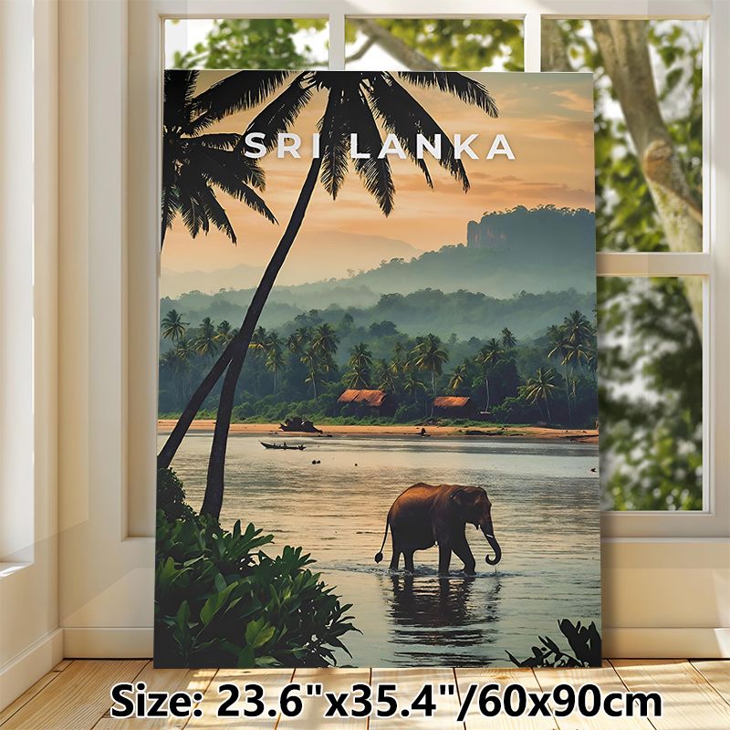 Sri Lanka Tropical River Landscape Painting Poster, Warm-toned Serene Scenery Poster, Features Elephant Wading In River, Palm Trees & Riverside Huts_maomaolike.com