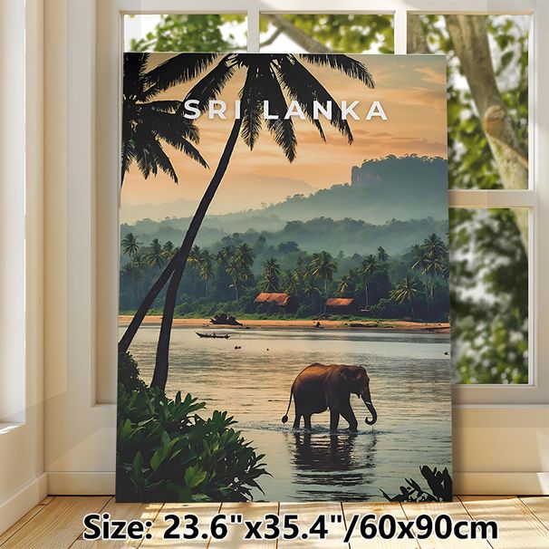 Sri Lanka Tropical River Landscape Painting Poster, Warm-toned Serene Scenery Poster, Features Elephant Wading In River, Palm Trees & Riverside Huts_maomaolike.com