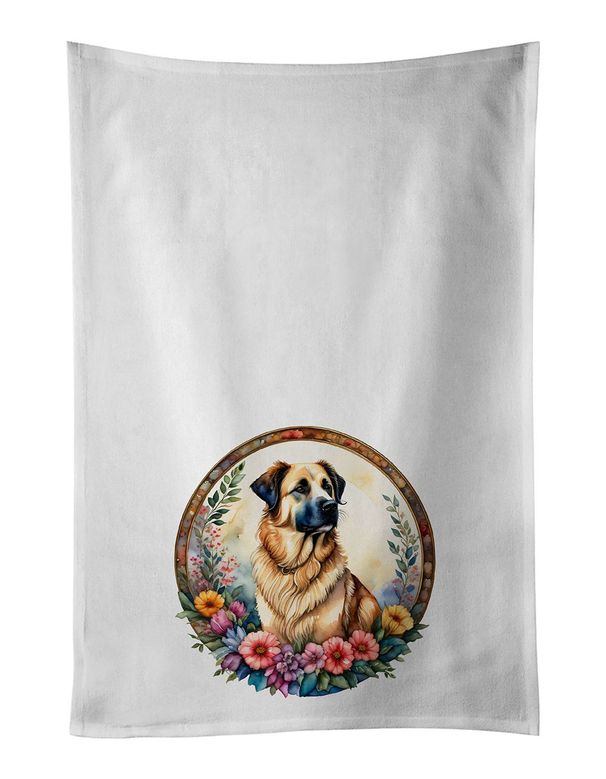 Anatolian Shepherd Dog And Flowers Kitchen Towel Set Of 2 White Dish Towels Decorative Bathroom Hand Towel For Hand, Face, Hair, Yoga, Tea, Dishcloth, 19 X 28", White_maomaolike.com