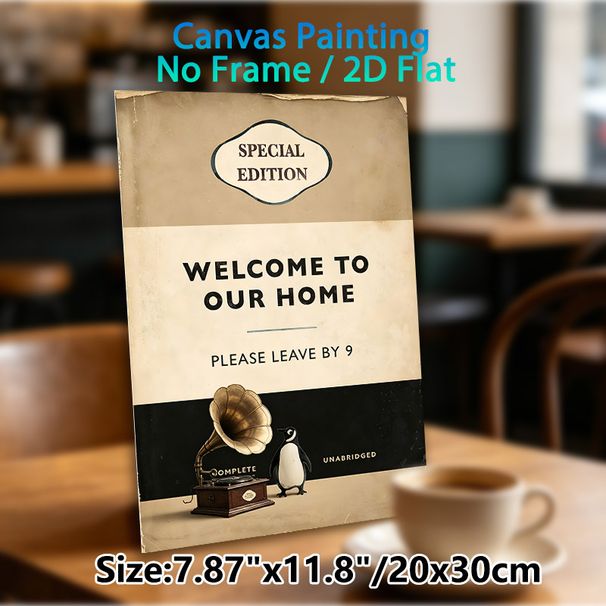 Vintage Humorous Welcome Painting Poster, Distressed Retro-style With Gramophone & Penguin Poster, Playful Witty Home Message Decor Ideal For_maomaolike.com
