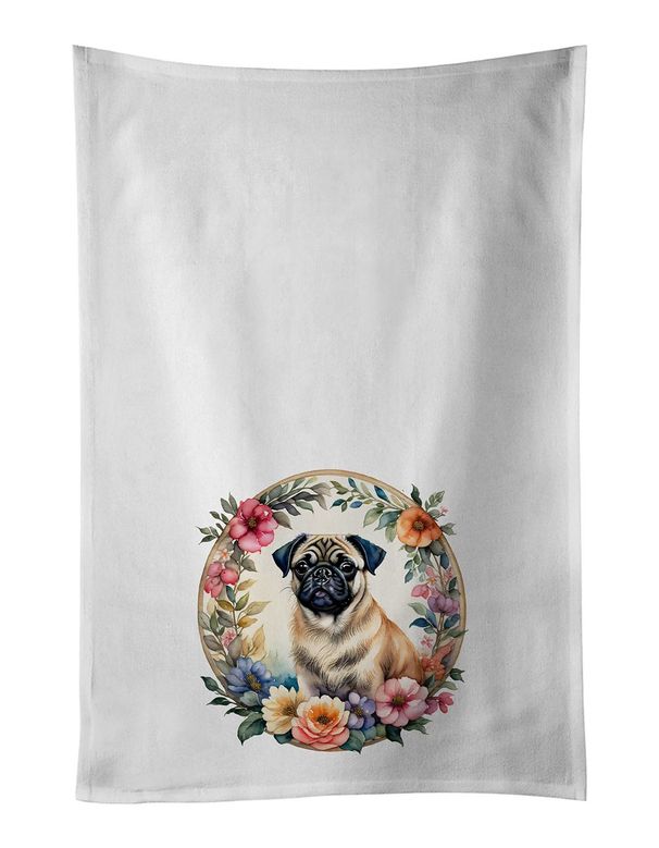 Fawn Pug And Flowers Kitchen Towel Set Of 2 White Dish Towels Decorative Bathroom Hand Towel For Hand, Face, Hair, Yoga, Tea, Dishcloth, 19 X 28", White_maomaolike.com