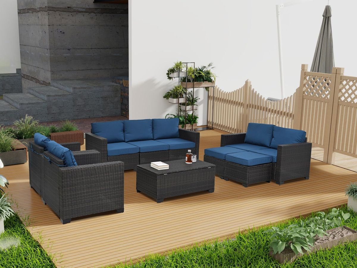 10 Piece PE Rattan Patio Furniture Set, Sectional Sofa Set, Outdoor Patio Furniture Set With Cushions & Tempered Glass Coffee Table_maomaolike.com