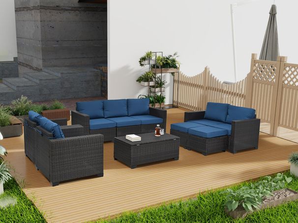 10 Piece PE Rattan Patio Furniture Set, Sectional Sofa Set, Outdoor Patio Furniture Set With Cushions & Tempered Glass Coffee Table_maomaolike.com