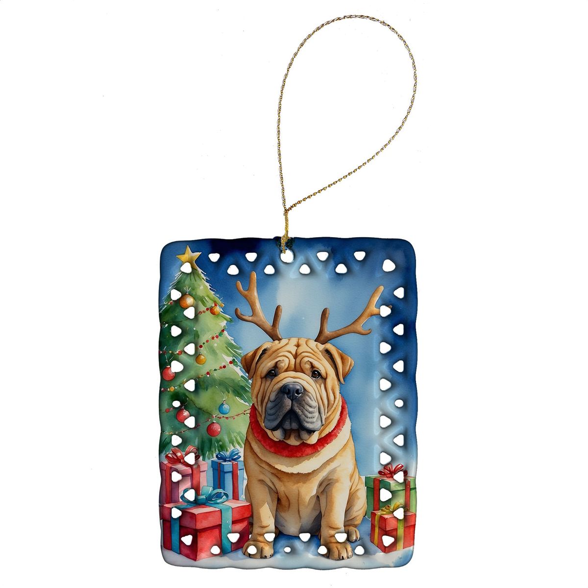 Shar Pei Christmas Reindeer Porcelain Ornament Christmas Tree Hanging Decorations For Home Christmas Holiday, Rectangle, Gift, Multicolor_maomaolike.com