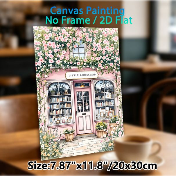Floral Bookshop Painting Poster, Delicate Watercolor Pastel Pink Bookstore With Lush Blooming Flowers Poster, Warm Cozy Decor Ideal For Living Room_maomaolike.com