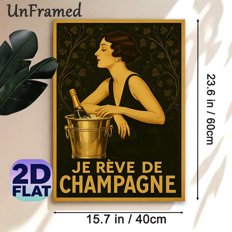 Champagne & Vintage Lady Painting Poster, Elegant Art Deco Style Poster, Retro Dark-toned Design With Graceful Lady And Champagne Bucket, Suitable For_maomaolike.com