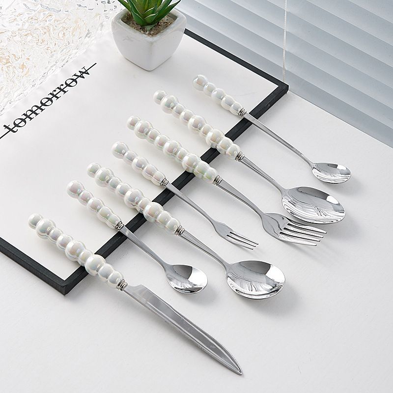 Pearl‑finish Ceramic‑handle, Light‑luxury Household Forks; Stainless‑steel Cutlery Set; High‑style Western Dinner Knife, Fork, And Spoon Set._maomaolike.com