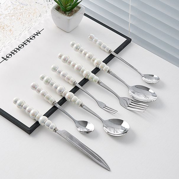 Pearl‑finish Ceramic‑handle, Light‑luxury Household Forks; Stainless‑steel Cutlery Set; High‑style Western Dinner Knife, Fork, And Spoon Set._maomaolike.com