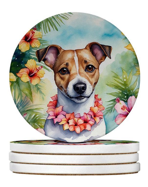 Jack Russell Terrier Luau Large Sandstone Coasters Pack Of 4 Absorbent Round Coasters Decor Gifts For Men Or Women, 4 In, Multicolor_maomaolike.com