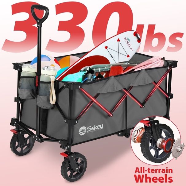 Sekey 330LBS 220L Collapsible Wagon Cart, Foldable Garden Wagon, Heavy Duty Folding Utility 600D Oxford Fabric Beach Cart With Big Wheel For Camping, Shopping, Outdoor, Sport (Gray, 1-YEAR-WARRANTY)_maomaolike.com