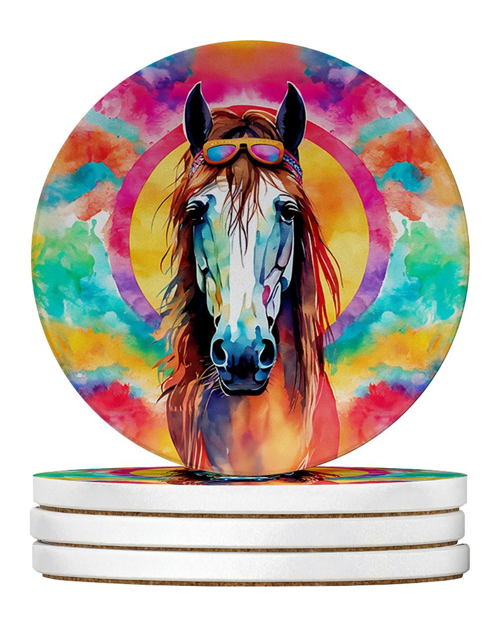 Hippie Animal Horse Large Sandstone Coasters Pack Of 4 Absorbent Round Coasters Decor Gifts For Men Or Women, 4 In, Multicolor_maomaolike.com