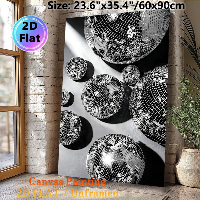 Disco Ball Themed Painting Poster, Monochrome Sleek Mirrored Disco Balls Poster, Brings Retro Stylish Vibe, Suitable For Living Room, Bar Or Party_maomaolike.com
