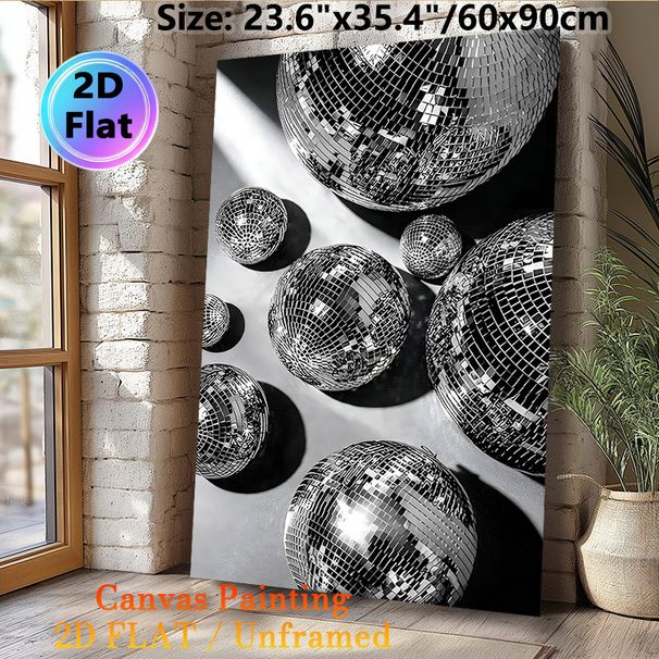 Disco Ball Themed Painting Poster, Monochrome Sleek Mirrored Disco Balls Poster, Brings Retro Stylish Vibe, Suitable For Living Room, Bar Or Party_maomaolike.com
