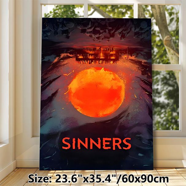 "SINNERS" Dark Themed Painting Poster, Moody Surreal Scene With Glowing Red Orb And Dimly Lit Cabin Poster, Atmospheric Dramatic Artwork Ideal For_maomaolike.com