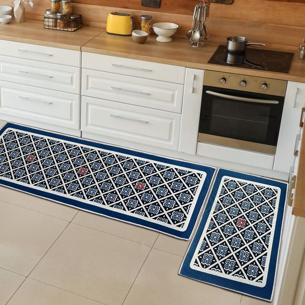 Checkered Retro Crystal Velvet Kitchen Water Absorbing Non Slip Floor Mat Set Cross Border Spot Non Woven Carpet_maomaolike.com