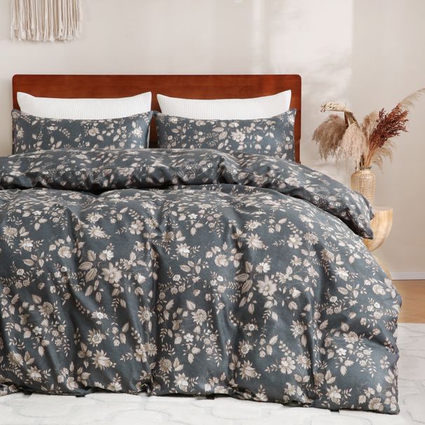 Nordic Floral Brushed Fitted Sheet Set - Premium Elastic Bed Skirt With Botanical Patterns, Ultra-Soft Microfiber_maomaolike.com