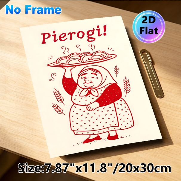 Pierogi Themed Painting Poster, Vintage Red Line Art Poster, Warm Homely Design Featuring Cheerful Lady With Steaming Pierogi Platter, Ideal For_maomaolike.com
