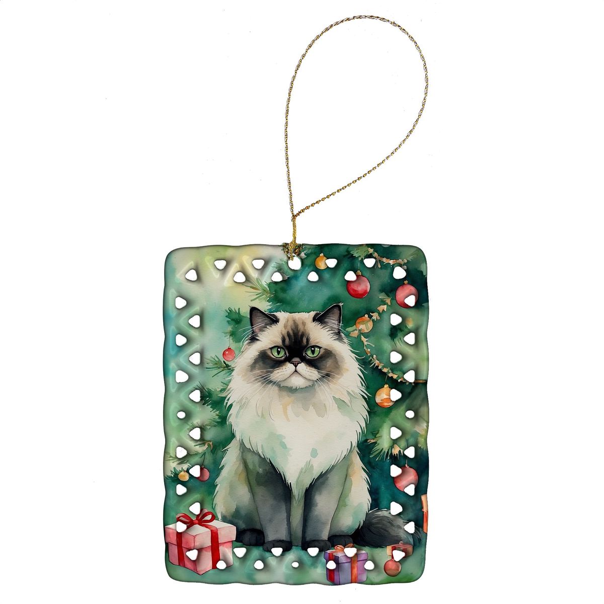 Himalayan Cat By The Christmas Tree Porcelain Ornament Christmas Tree Hanging Decorations For Home Christmas Holiday, Rectangle, Gift, Multicolor_maomaolike.com