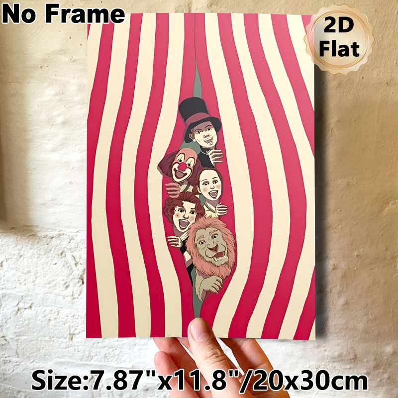 Circus Themed Painting Poster, Vibrant Vintage Cartoon Style Poster, Cheerful Design Featuring Circus Performers Peeking From Striped Curtain, Ideal_maomaolike.com