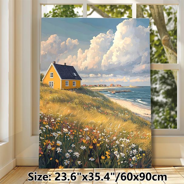 Coastal Cottage Landscape Painting Poster, Warm-toned Idyllic Seaside Scenery With Wildflowers And Yellow Cottage Poster, Serene Natural View Ideal_maomaolike.com