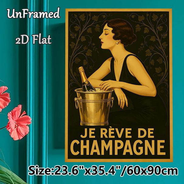 Champagne & Vintage Lady Painting Poster, Elegant Art Deco Style Poster, Retro Dark-toned Design With Graceful Lady And Champagne Bucket, Suitable For_maomaolike.com