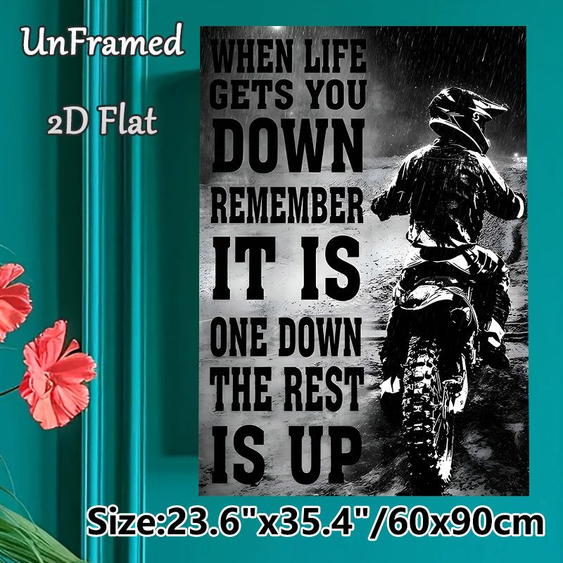 Motivational Dirt Bike Painting Poster, Monochrome Rainy Track Rider Poster, Inspirational Quote Design Ideal For Garage, Man Cave Or Living Room_maomaolike.com