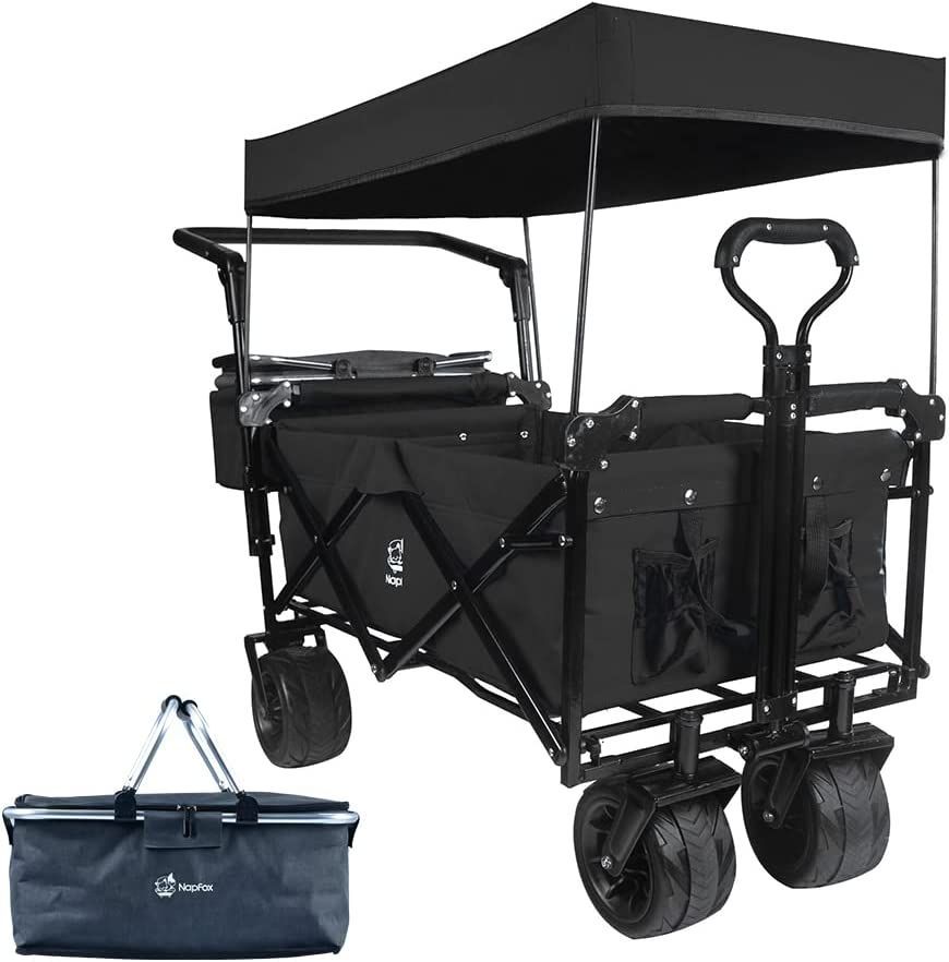 Collapsible Wagon Heavy Duty Folding Wagon Cart With Removable Canopy, 4" Wide Large All Terrain Wheels, Brake, Adjustable Handles,Cooler Bag Utility Carts For Outdoor Garden Beach_maomaolike.com