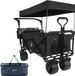 Collapsible Wagon Heavy Duty Folding Wagon Cart With Removable Canopy, 4" Wide Large All Terrain Wheels, Brake, Adjustable Handles,Cooler Bag Utility Carts For Outdoor Garden Beach_maomaolike.com