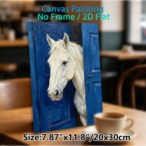 White Horse Painting Poster, Textured Impasto Style Poster, Artistic Rustic Design Featuring White Horse Peeking From Blue Door, Ideal For Living_maomaolike.com