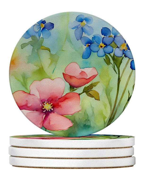 Alaska Forget-me-nots In Watercolor Large Sandstone Coasters Pack Of 4 Absorbent Round Coasters Decor Gifts For Men Or Women, 4 In, Multicolor_maomaolike.com