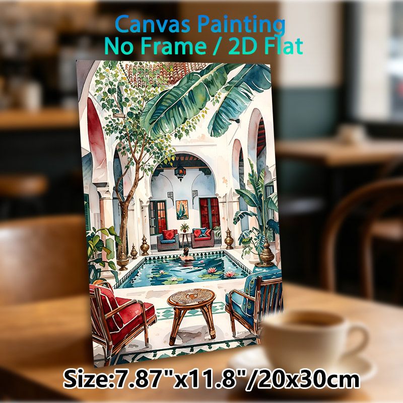 Moroccan Courtyard Pool Painting Poster, Vibrant Watercolor Exotic Patio Scene Poster, Serene Tropical-inspired Decor Brings Tranquil Ambiance Ideal_maomaolike.com