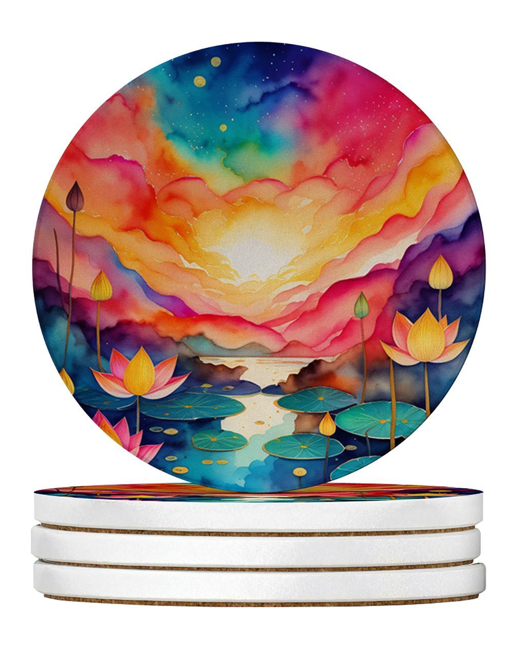 Colorful Lotus Large Sandstone Coasters Pack Of 4 Absorbent Round Coasters Decor Gifts For Men Or Women, 4 In, Multicolor_maomaolike.com