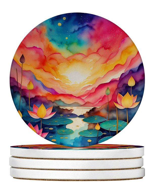 Colorful Lotus Large Sandstone Coasters Pack Of 4 Absorbent Round Coasters Decor Gifts For Men Or Women, 4 In, Multicolor_maomaolike.com